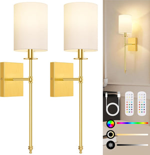 Open image in slideshow, Nordic Hygge 24.8 Inch Battery Operated Wall Sconces Set of 2 with Remote Control, Gold
