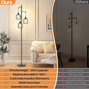 Open image in slideshow, Nordic Hygge Dimmable Industrial Floor Lamp with 3 LED Edsion Bulbs, Brown
