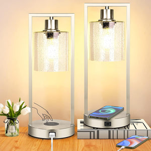 Open image in slideshow, Nordic Hygge Set of 2 Silver Table Lamps for Bedrooms with Wireless Charging, Touch Control Bedside Nightstand Lamp
