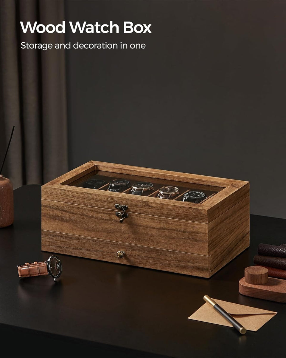 12-Slot Watch Box with Large Glass Lid in Rustic Walnut – Nordic Hygge