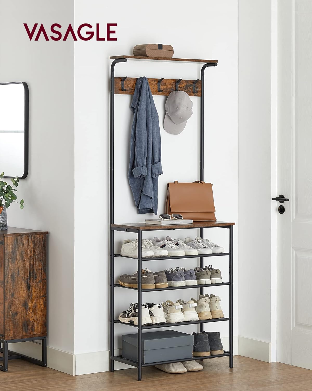 Winter Shoe Rack Nordic Hygge Coat and Shoe Rack – 5 Double Hooks 5-Tier Shoe Storage V