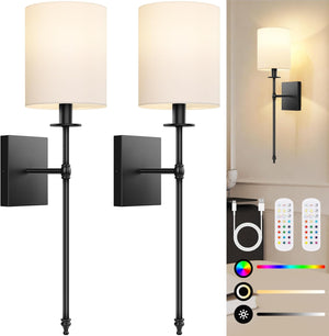 Open image in slideshow, Nordic Hygge 27 Inch Black Battery Operated Wall Sconces Set of 2, Rechargeable Wireless Wall Lights with Remote &amp; White Fabric Shade, Indoor Not Hardwired Dimmable Wall Lamps for Hallway, 2 Bulbs Included
