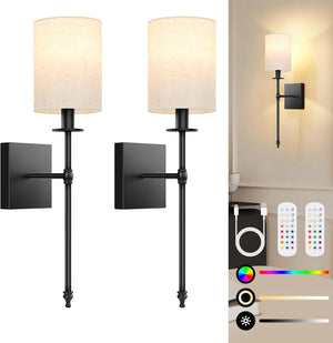 Open image in slideshow, Nordic Hygge 19.9 Inch Black Battery Operated Wall Sconces Set of 2, Rechargeable Wireless Wall Lights with Remote &amp; White Fabric Shade, Indoor Not Hardwired Dimmable Wall Lamps for Living Room, 2 Bulbs Included
